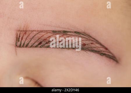 Microblading, piccoli tratti simili a quelli dei capelli per creare una sopracciglia dall'aspetto naturale, tecnica di tatuaggio semi-permanente utilizzata per le sopracciglia creando un illusione Foto Stock