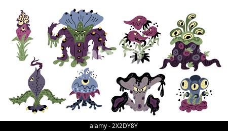 Piante mostruose. Fiori di carnivoro. Fantastica flora arrabbiata. Mascotte botaniche predatorie. Fiori pericolosi. Gli inquietanti flytrap si avvistano con occhi o denti. Cartone animato Illustrazione Vettoriale