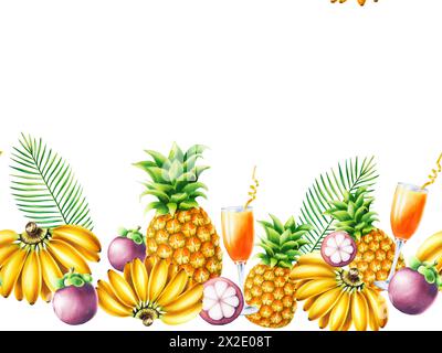 Cornice tropicale senza cuciture con calice di vetro con cocktail d'arancia, mangostani, banane, ananas e foglie di palma. Illustrazioni di frutti maturi in acquerello Foto Stock