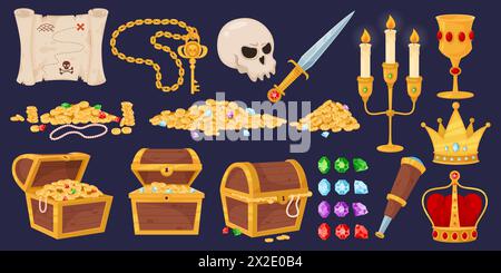 Trofei dei pirati dei cartoni animati. Tesoro in cassetti di legno. Monete d'oro. Cranio umano. Spada antica e spyglass. Corona gioiello. Scatola medievale. Un mucchio di pietre preziose Illustrazione Vettoriale