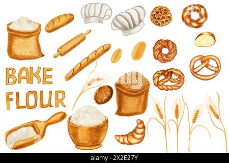 Set di illustrazioni ad acquerello per prodotti da forno. Ingredienti disegnati a mano e utensili da cucina. Pane, panini e biscotti su sfondo isolato. Clipart di frumento f Foto Stock