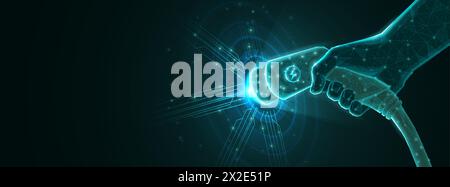 Ricarica EV. Auto elettrica, caricabatterie EV, stazione di ricarica per batterie, veicolo ibrido, energia verde Illustrazione Vettoriale