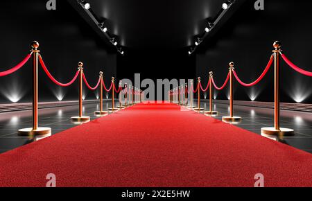 Lussuoso tappeto rosso rivestito di corde di velluto che conduce a un evento con sfondo illuminato. rendering 3d. Foto Stock