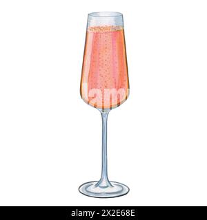 Illustrazione di un bicchiere di champagne acquerello. Immagine disegnata a mano di una bevanda alcolica frizzante su uno sfondo isolato. Per il design di menu e bar. Foto Stock