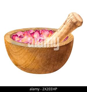 Mortaio e pestello in legno con petali di rosa secchi per prodotti cosmetici, cosmetologia, medicina. Illustrazione ad acquerello disegnata a mano di utensili da cucina. Foto Stock