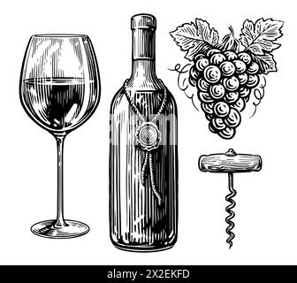 Concetto di vino e bevanda. Bottiglia di vino, bicchiere di vino, cavatappi e grappoli di uva. Disegnare un'illustrazione vettoriale vintage Illustrazione Vettoriale