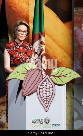 Bruxelles, Belgio. 22 aprile 2024. Regina Matilde del Belgio, nella foto durante l'apertura della Conferenza mondiale sul cacao a Bruxelles, lunedì 22 aprile 2024. La Regina belga si reca e parla in occasione della manifestazione di tre giorni per il settore del cacao e del cioccolato, svolgendo il suo ruolo di sostenitrice delle Nazioni Unite per gli obiettivi di sviluppo sostenibile. BELGA PHOTO BENOIT DOPPAGNE credito: Belga News Agency/Alamy Live News Foto Stock