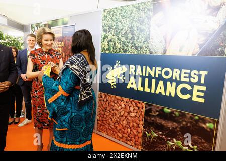 Bruxelles, Belgio. 22 aprile 2024. Regina Matilde del Belgio, nella foto durante l'apertura della Conferenza mondiale sul cacao a Bruxelles, lunedì 22 aprile 2024. La Regina belga si reca e parla in occasione della manifestazione di tre giorni per il settore del cacao e del cioccolato, svolgendo il suo ruolo di sostenitrice delle Nazioni Unite per gli obiettivi di sviluppo sostenibile. BELGA PHOTO BENOIT DOPPAGNE credito: Belga News Agency/Alamy Live News Foto Stock