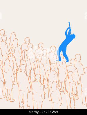 Collage d'arte contemporanea. Persona ambiziosa, musicista con silhouette blu trasparente, che mostra la sua individualità in una folla di sagome di persone delineate. Illustrazione Vettoriale
