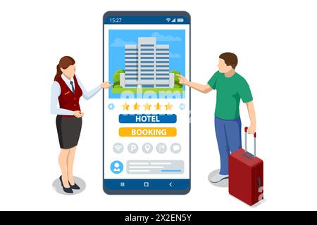 Concetto isometrico di prenotazione alberghiera online. Acquisto di biglietti con smartphone. Persone che prenotano hotel e cercano prenotazioni per vacanze. Lo smartphone mappa il gps Illustrazione Vettoriale