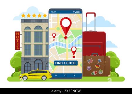 Concetto isometrico di prenotazione alberghiera online. Acquisto di biglietti con smartphone. Persone che prenotano hotel e cercano prenotazioni per vacanze. Lo smartphone mappa il gps Illustrazione Vettoriale