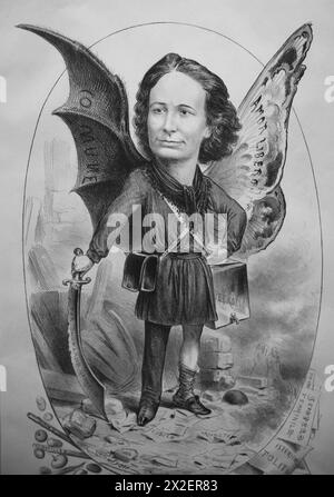 Satira politica. La comune di Parigi. Caricatura di Louise Michel (1830-1905), eroina della comune. Litografia di Dalsani. xix secolo. Foto Stock