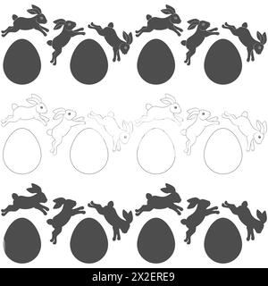 Set di motivi orizzontali senza cuciture con coniglietto pasquale e uova. Oggetti vettoriali isolati su sfondo bianco. Illustrazione Vettoriale