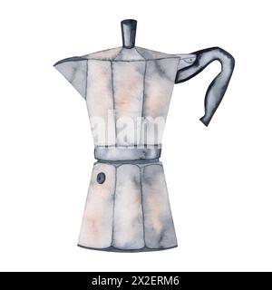 Macchina per il caffè Geyser per creare un acquerello color moka. Immagine di una caffettiera in stile retrò su uno sfondo isolato. Foto Stock