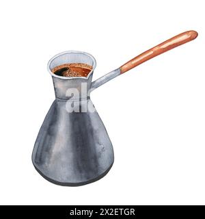 Illustrazione Turk per preparare il caffè ad acquerello. Immagine di un tradizionale dispositivo turco per la preparazione del caffè su uno sfondo isolato. Foto Stock