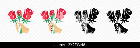 Mano femminile e maschile che reggono un mazzo di rose, design grafico. Floristica o floristica, floreale, floreale e floreale, disegno vettoriale e illustrazione Illustrazione Vettoriale