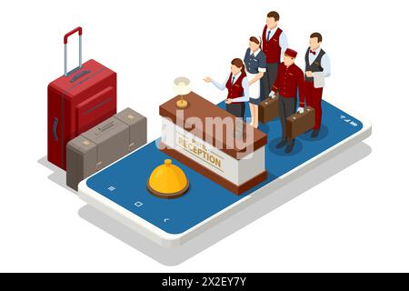 Concetto Isometric Online Hotel Booking. Caratteri pianificazione viaggio e scelta della destinazione. Persone che prenotano hotel e cercano prenotazioni per vacanze Illustrazione Vettoriale