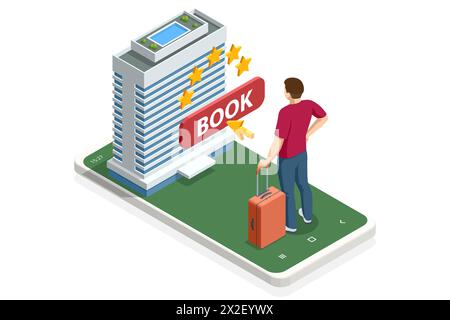 Concetto Isometric Online Hotel Booking. Caratteri pianificazione viaggio e scelta della destinazione. Persone che prenotano hotel e cercano prenotazioni per vacanze Illustrazione Vettoriale