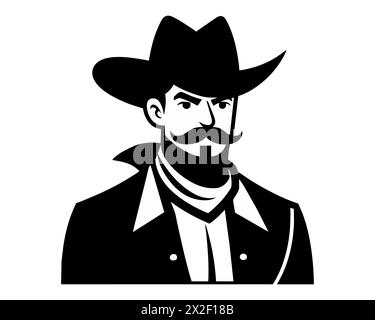 Ritratto cowboy in bianco e nero. Vettore monocromatico di un uomo con cappello e barba. Isolato su sfondo bianco concetto di cultura occidentale, maschile Illustrazione Vettoriale