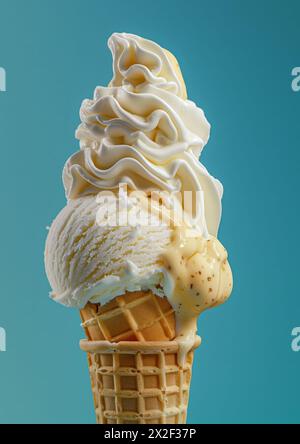 Due cucchiai di gelato alla vaniglia su fondo blu cono gelato Foto Stock