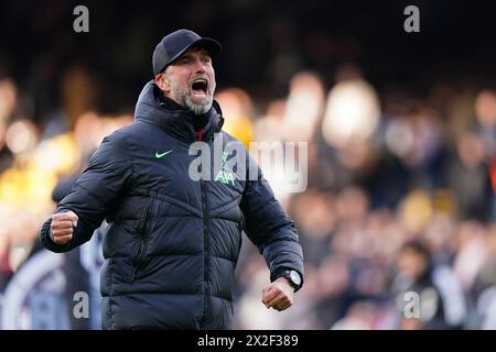 Foto del file del 21-04-2024 del manager Jurgen Klopp, che è una fortuna speranzosa è dalla parte del Liverpool per la corsa in Premier League dopo la vittoria del 3-1 al Fulham li ha spostati in cima al tavolo con l'Arsenal. Data di pubblicazione: Lunedì 22 aprile 2024. Foto Stock