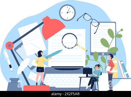 Creatori di contenuti creativi al lavoro. Freelance, autori e blogger. Giovani copywriter creano notizie o nuovi libri. Recente concetto vettoriale Education Illustrazione Vettoriale