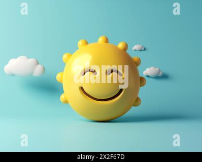 Buon sole dei cartoni animati con faccia sorridente, nuvole Foto Stock