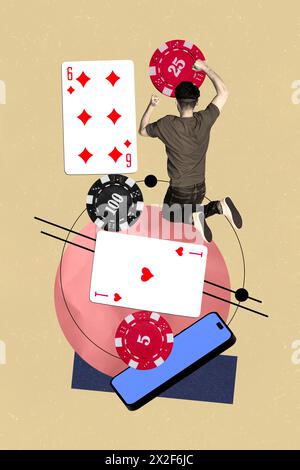 Collage di immagini creativi verticali concetto casinò carte da gioco chip giocatore vincitore jackpot intrattenimento online sfondo disegno Foto Stock