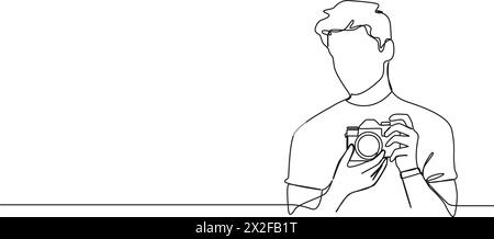 disegno continuo a linea singola di un uomo che scatta foto con la fotocamera, illustrazione vettoriale line art Illustrazione Vettoriale