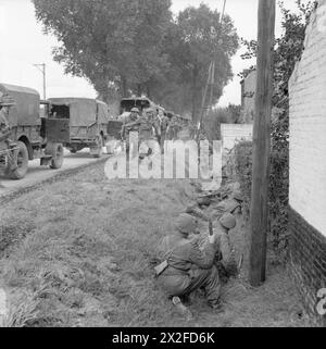 L'ESERCITO BRITANNICO NELL'EUROPA NORDOCCIDENTALE 1944-45 - le truppe si nascondono in un fosso mentre il loro convoglio di camion viene trattenuto dalla resistenza tedesca durante l'avanzata a Bruxelles, 3 settembre 1944 l'esercito britannico Foto Stock