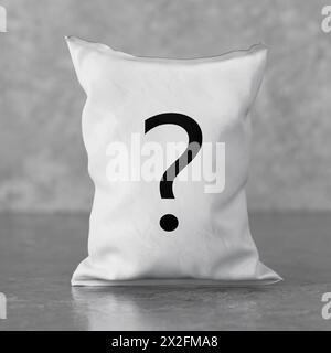 Confezione di snack in sacchetto di plastica bianco con punto interrogativo su sfondo bianco. Rendering 3d. Foto Stock