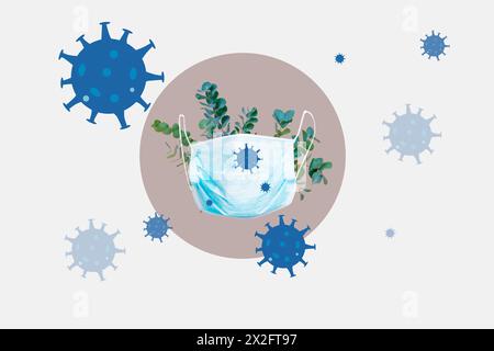 Immagine collage banner di maschera medica protettiva protegge l'infezione da virus isolato su sfondo disegno Foto Stock