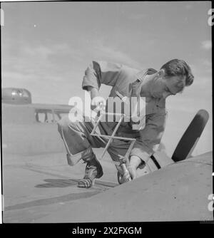 Il sergente maggiore A G Vailancourt gestisce un rivettatore meccanico di poppit di fabbricazione britannica su un'ala B17 Flying Fortress in un aeroporto americano in Gran Bretagna nel 1943. Foto Stock