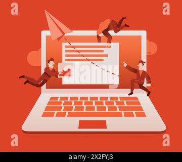 Gruppo di piccole persone doin UI e UX progettazione o applicazione di chat online. Può essere utilizzato per presentazioni, Web, banner, modelli di landing page. Illustrazione vettoriale Illustrazione Vettoriale