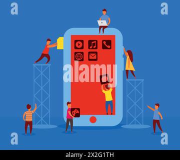 Tecnologia mobile decorata con caratteri di piccole dimensioni. Concetto di sviluppo mobile. Stile piatto. Illustrazione vettoriale Illustrazione Vettoriale