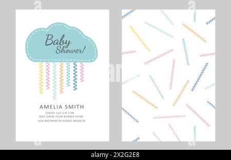 Modello di invito per la baby shower con nuvole e arcobaleno. Foto Stock