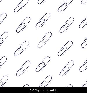 Motivo vettoriale senza cuciture con graffette per la scuola. Elemento di linea isolato su sfondo bianco. Colore blu scuro. Foto Stock