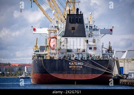 22 aprile 2024, Meclemburgo-Pomerania occidentale, Wismar: La nave da carico lunga 180 metri "Karlino" è caricata nel porto marittimo. Il porto di Wismar gestisce quasi sette milioni di tonnellate di merci ogni anno, principalmente fertilizzanti, sale per lo sbrinamento e rottami metallici oltre al legname. Foto: Jens Büttner/dpa Foto Stock