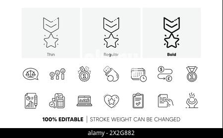 Icone della medaglia del vincitore, della lista di controllo e della riga contabilità delle fatture. Per applicazioni Web, stampa. Icone di linea. Vettore Illustrazione Vettoriale