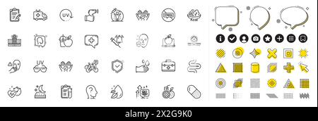 Set di capsule pillole, annuncio del vaccino e icone della linea di auto ambulanza per app web. Icona del pittogramma vettore Illustrazione Vettoriale