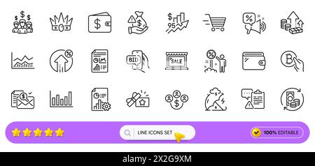 Icone di sconto, gonfiaggio e linea Crown per l'app Web. Icona pittogramma. Icone di linea. Vettore Illustrazione Vettoriale