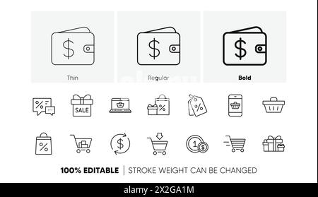 Icone della linea shopping. Omaggio, segno percentuale e sconto. Set di icone lineari. Icone di linea. Vettore Illustrazione Vettoriale