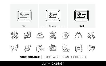 Icone delle linee della mappa stradale. Icone percorso percorso, Mappa percorso e distanza viaggio. Icone di linea. Vettore Illustrazione Vettoriale