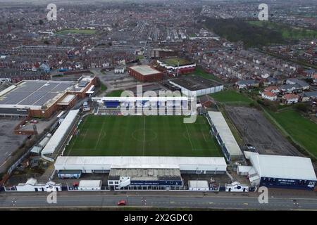 Vista aerea dello stadio Hartlepool United's Suit Direct di Hartlepool, contea di Durham, Inghilterra, domenica 3 marzo 2024 (foto: Michael driver | mi News) Foto Stock