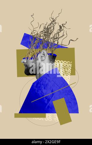 Collage fotografico verticale di uomo senza testa, profilo a mezza faccia, strano concetto di corda brainstorming pensato isolato su sfondo dipinto Foto Stock