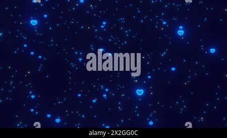 Cuori blu neon e scintillanti illustrazione 8K. Concetto d'amore sfondo astratto. Foto Stock