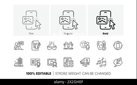 Edificio edile, chat sul copyright e icone della linea dell'immagine telefonica. Per applicazioni Web, stampa. Icone di linea. Vettore Illustrazione Vettoriale