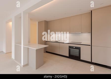 Interno di una nuova cucina moderna vuota in beige marrone. Appartamento vuoto, niente mobili. Grande attenzione ai dettagli. Foto Stock