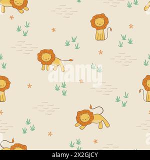 Motivo vettoriale senza cuciture con simpatico leone giocoso in savana africana, neutrale per il genere, per bambini. Illustrazione vettoriale Illustrazione Vettoriale