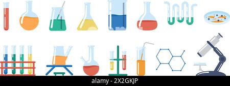 Apparecchiature di laboratorio. Provette per test di laboratorio medico con reagenti chimici. Strumenti scientifici per esperimenti e ricerche, set di vettori decenti per vetreria Illustrazione Vettoriale